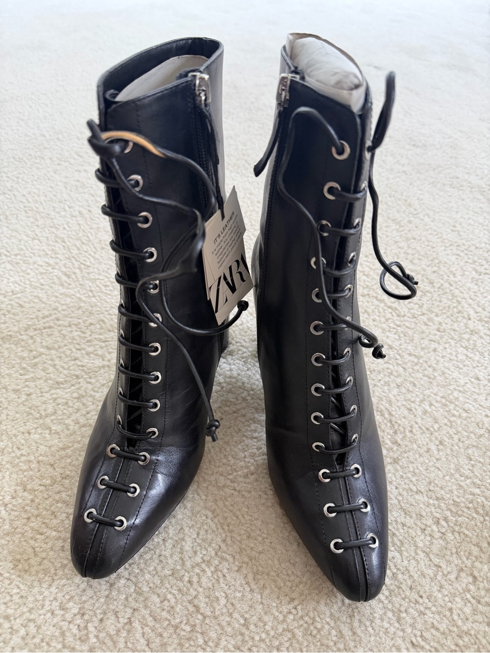 Zara Black Lace-Up Pointed Ankle Boots